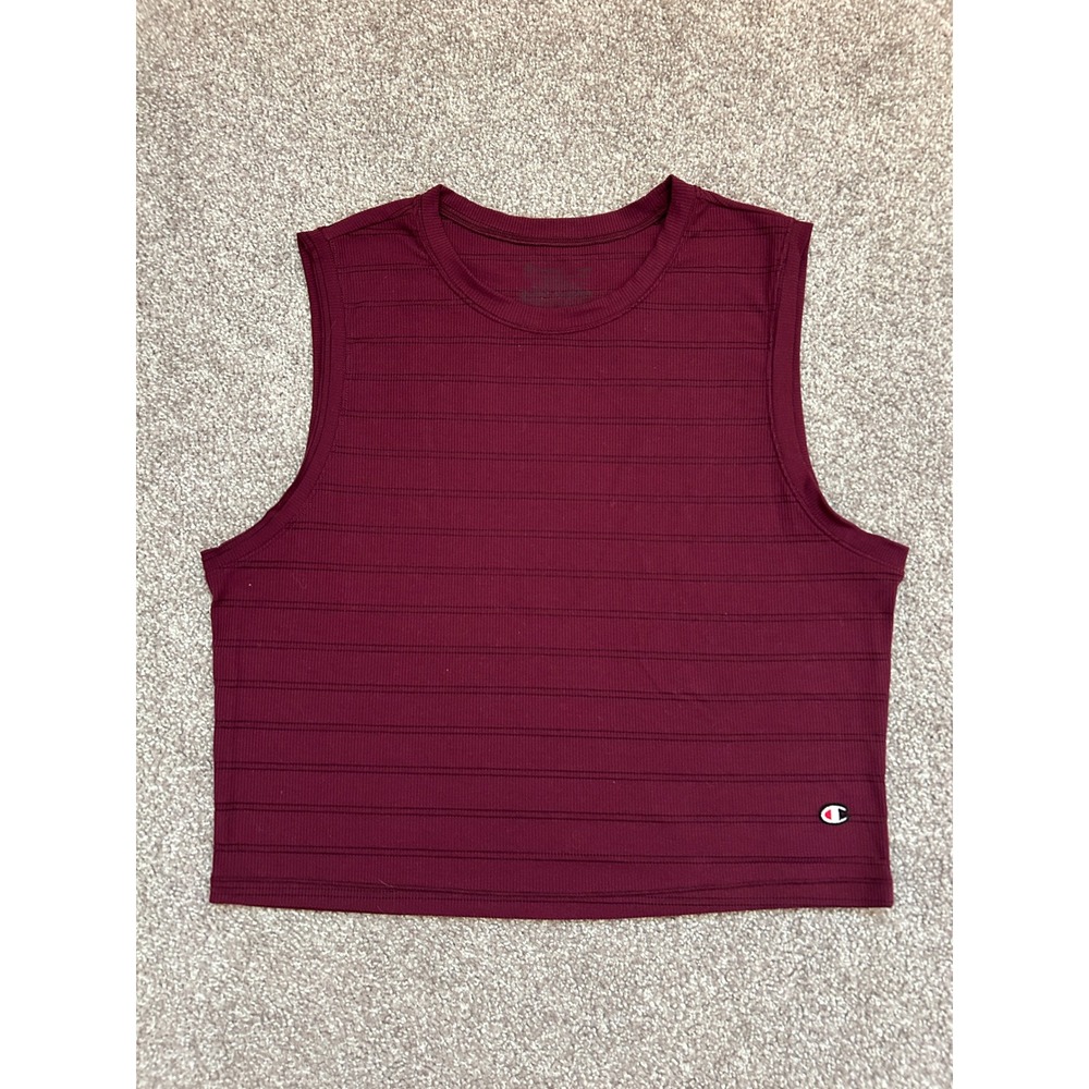 Champion Ribbed Crop Tank Top Womens M Burgundy Excellent Striped Sleeveless